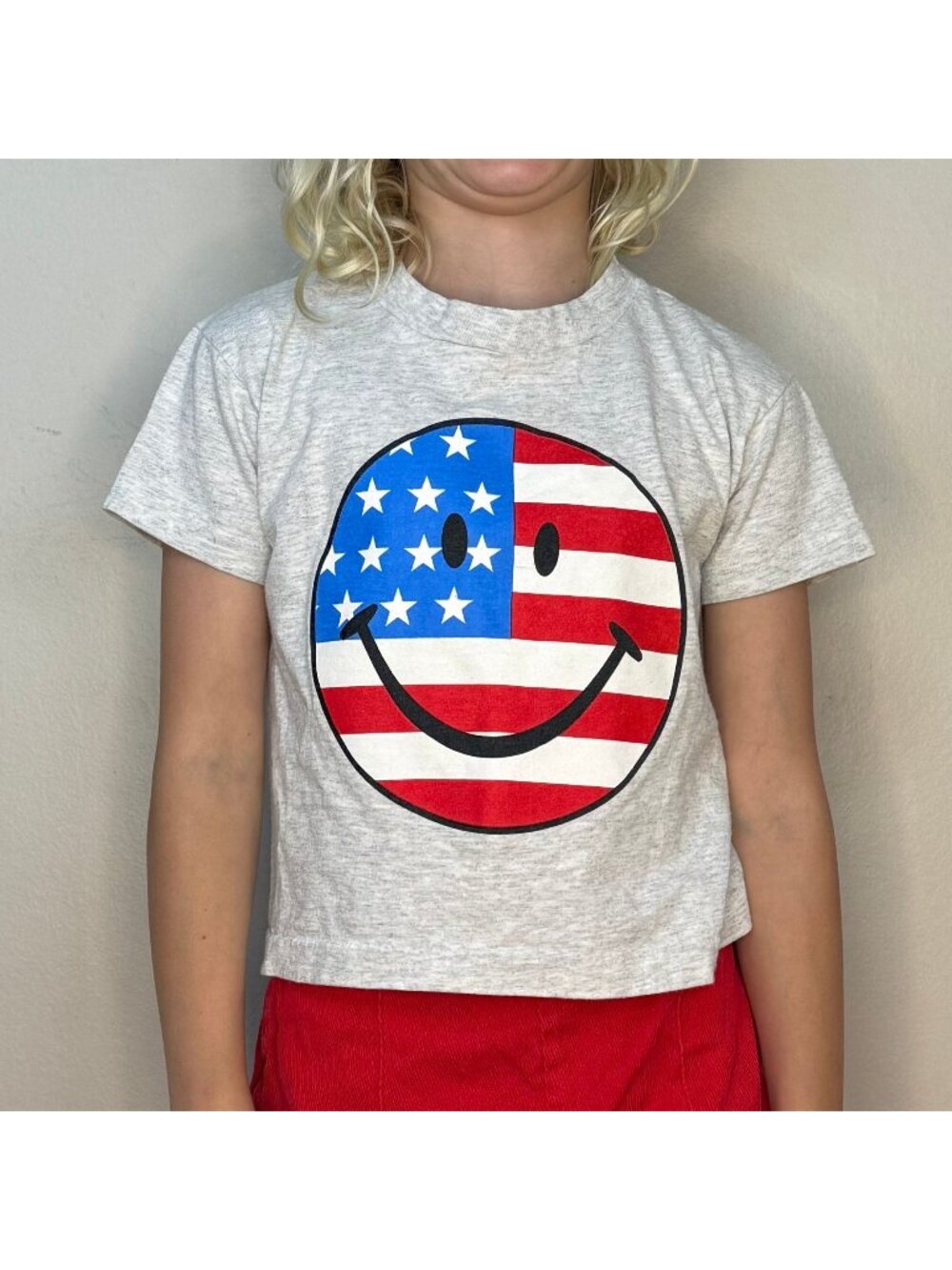 Vintage 1990s Kids’ USA Flag Smiley Face T-Shirt, Cropped, Size 6-8
